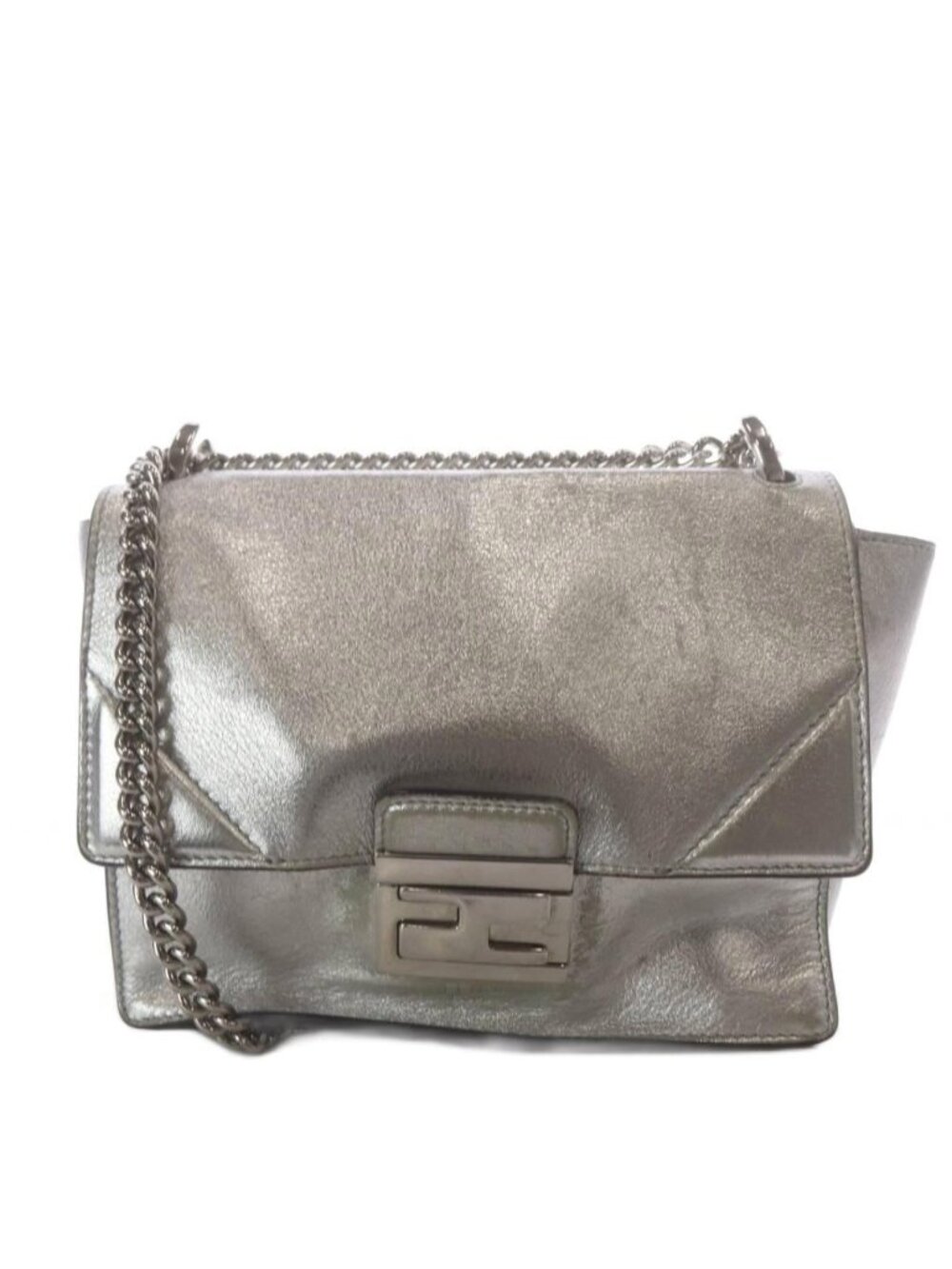 Fendi Can You Chain Shoulder Bag FF Logo Metallic Leather Silver Color